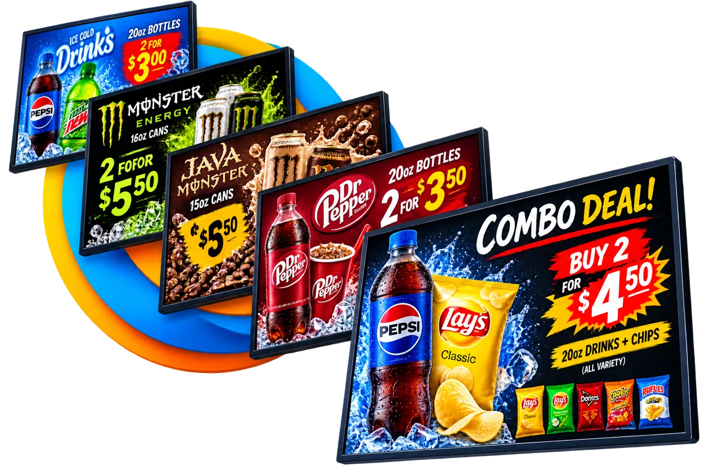 Five niklus promotion screens fanned out — soft drinks, energy drinks and a combo deal offer.