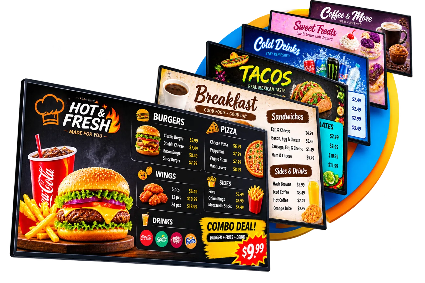 Six niklus menu board designs fanned out — burgers, breakfast, tacos, cold drinks, desserts and coffee.