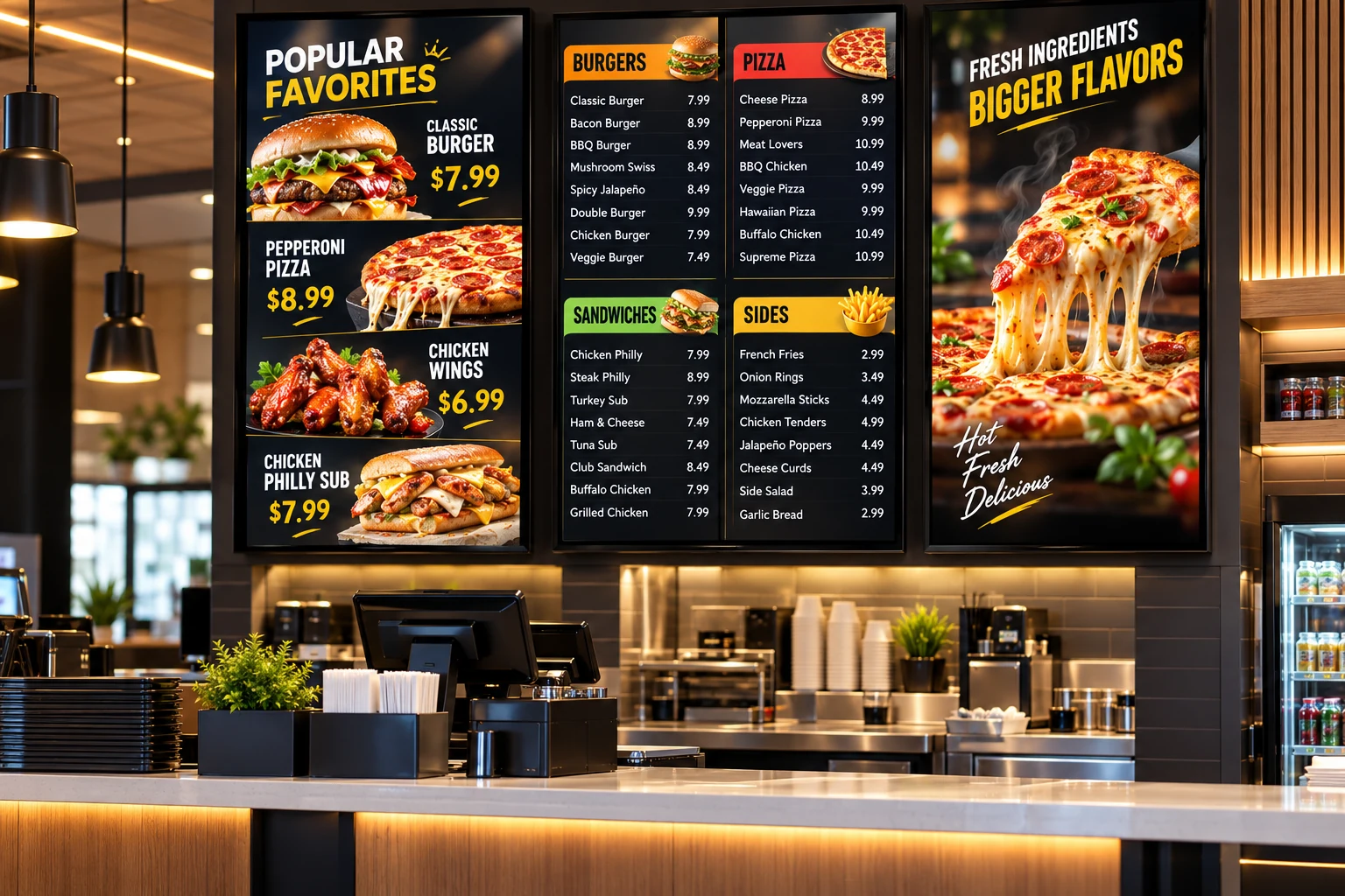 A café counter with three digital menu boards overhead showing burgers, pizza and sides