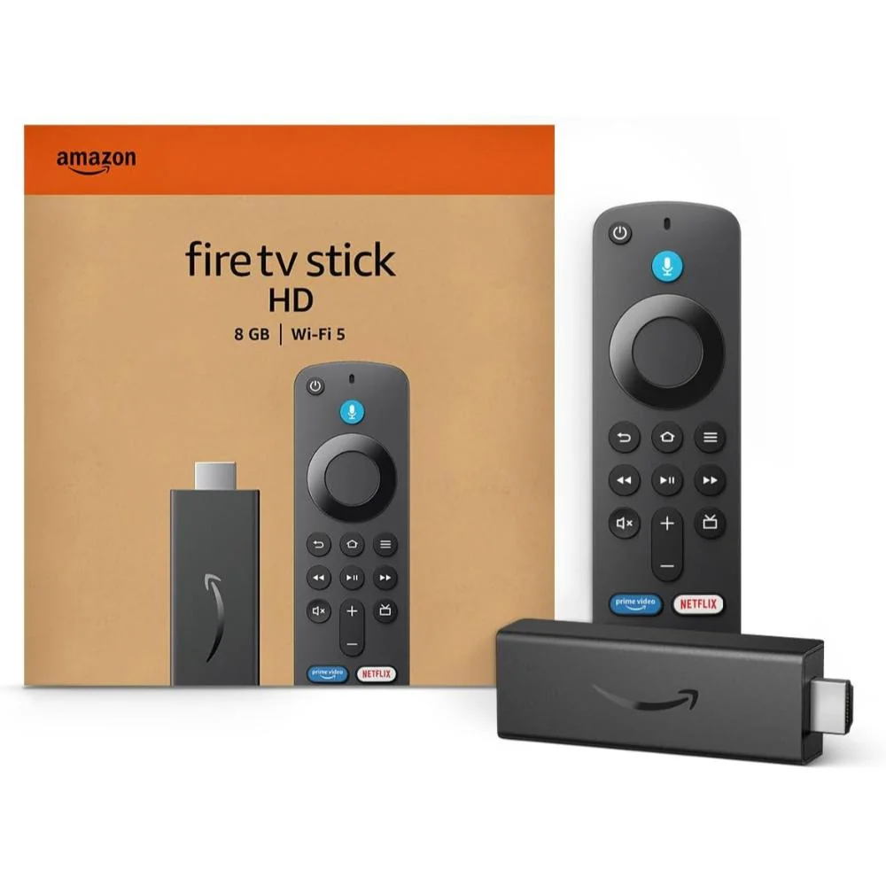 An Amazon Fire TV Stick HD with its Alexa Voice Remote, beside the retail box