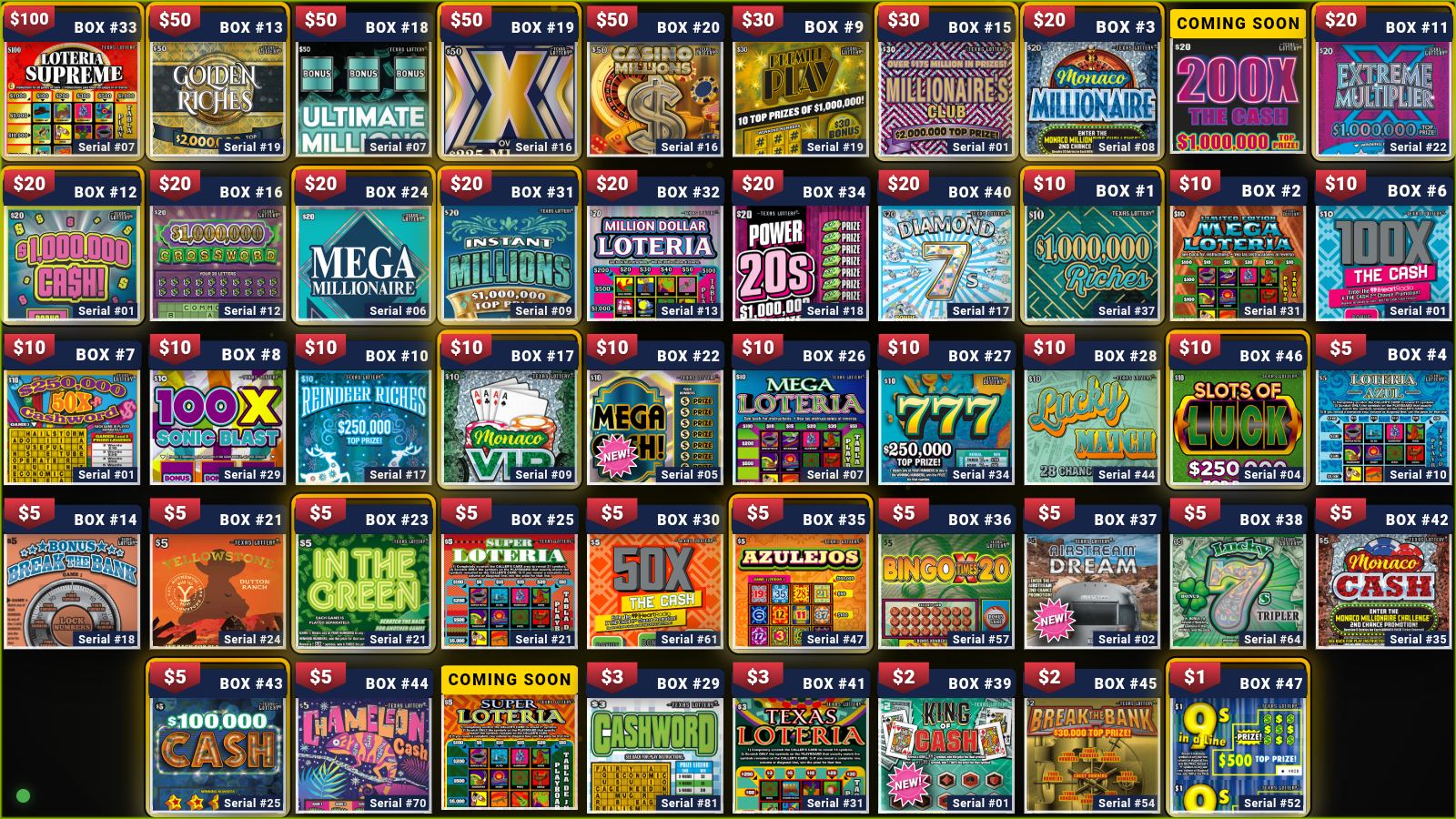 Full scratch-off lottery board showing every box and price