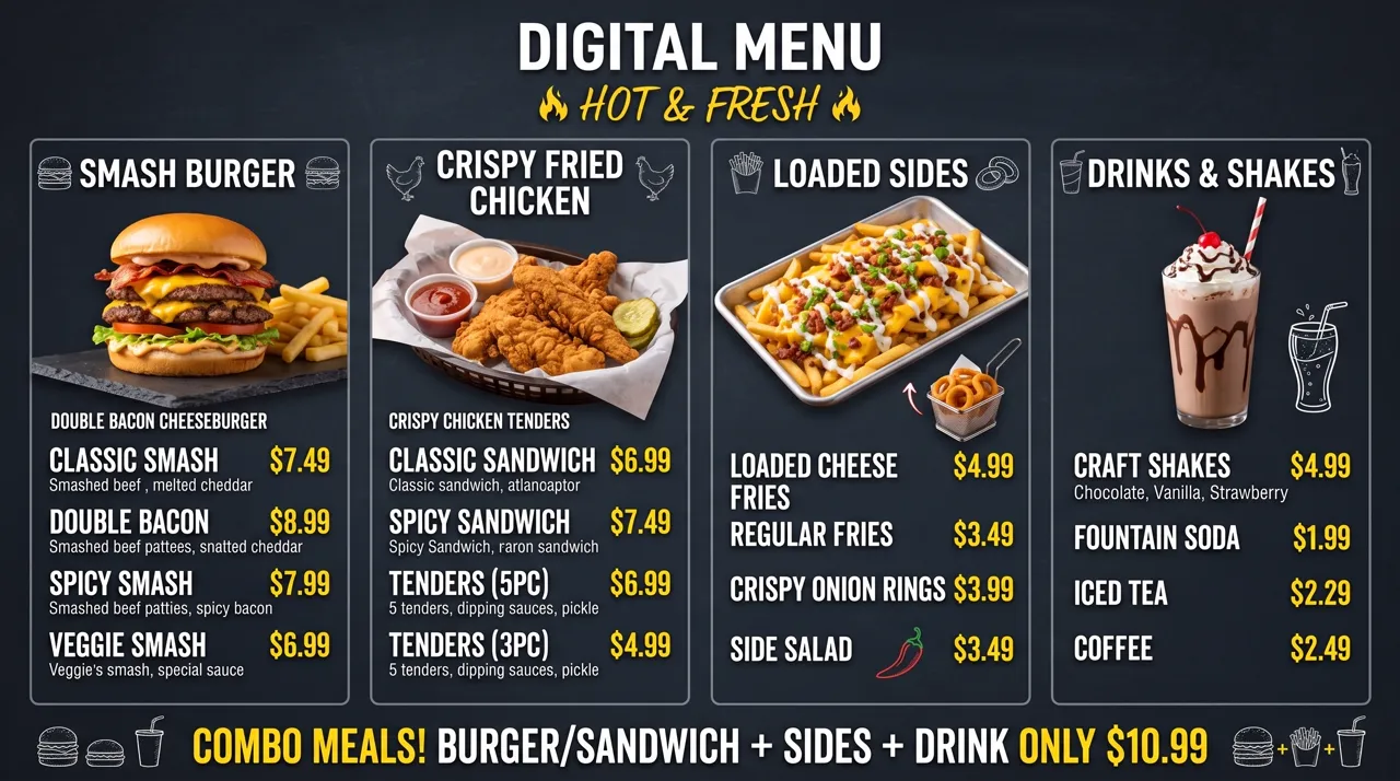 A digital menu board showing smash burgers, fried chicken, loaded sides and shakes with prices, and a combo meal offer along the bottom