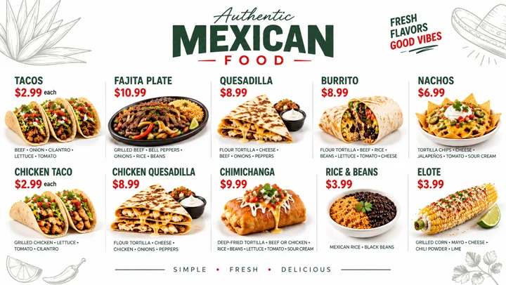 A light Mexican menu template: tacos, quesadillas, burritos and nachos with photography and prices