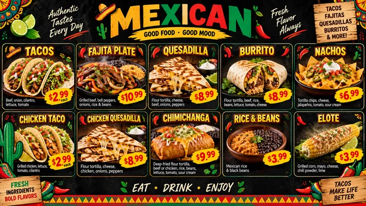 A dark Mexican menu template on chalkboard with bright price tags