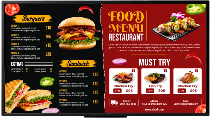 A burgers and sandwiches template with a red feature panel and a must-try row