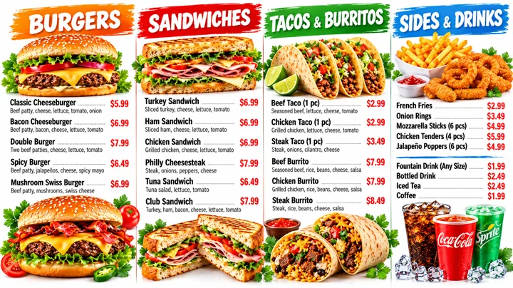 A four-column fast food template covering burgers, sandwiches, tacos, sides and drinks