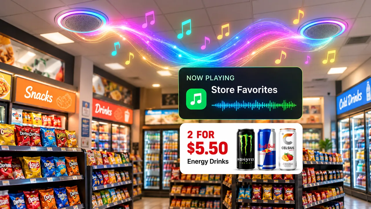 A store aisle with ceiling speakers playing a store favourites playlist and a two for five fifty energy drink offer on screen