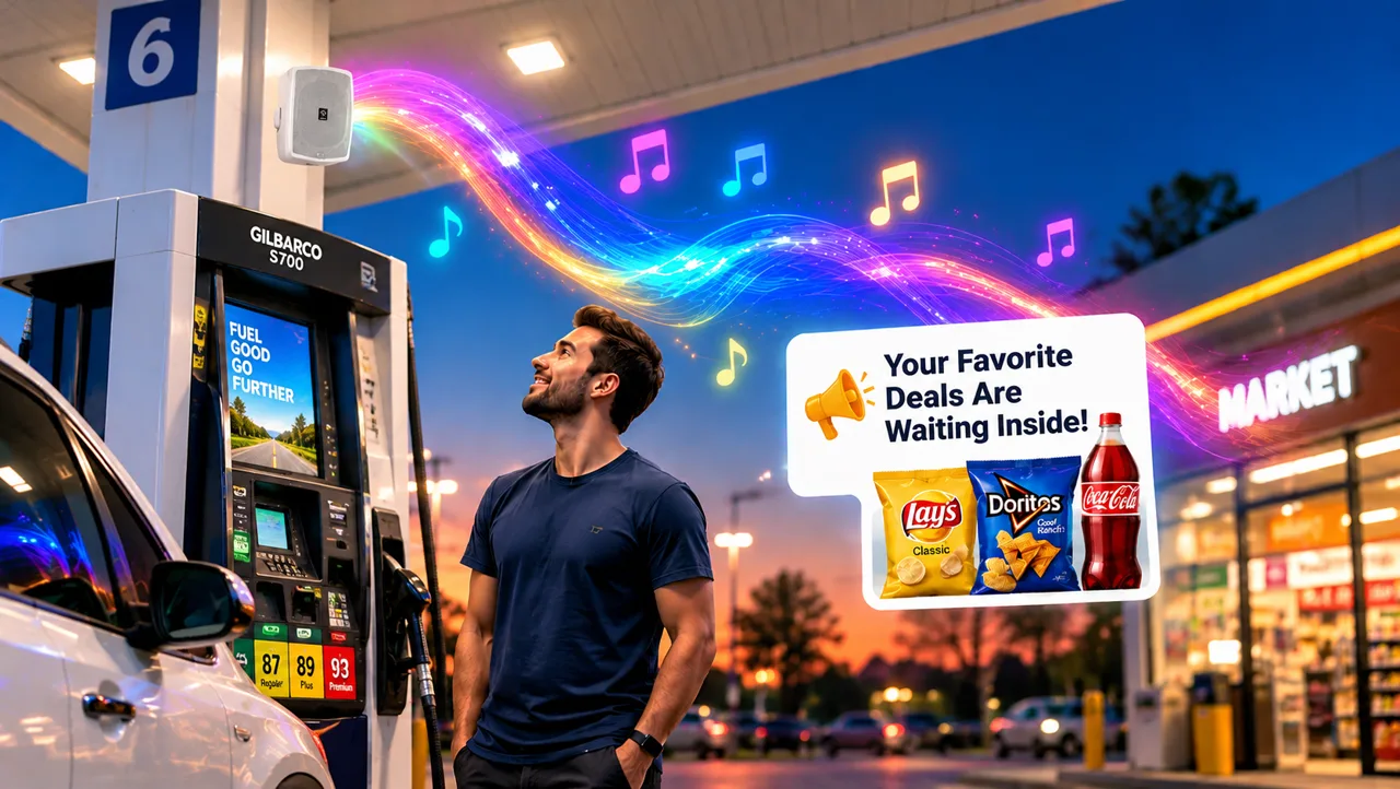 A driver at the forecourt hearing promo audio while a card points to the snack and drink deals waiting in the store