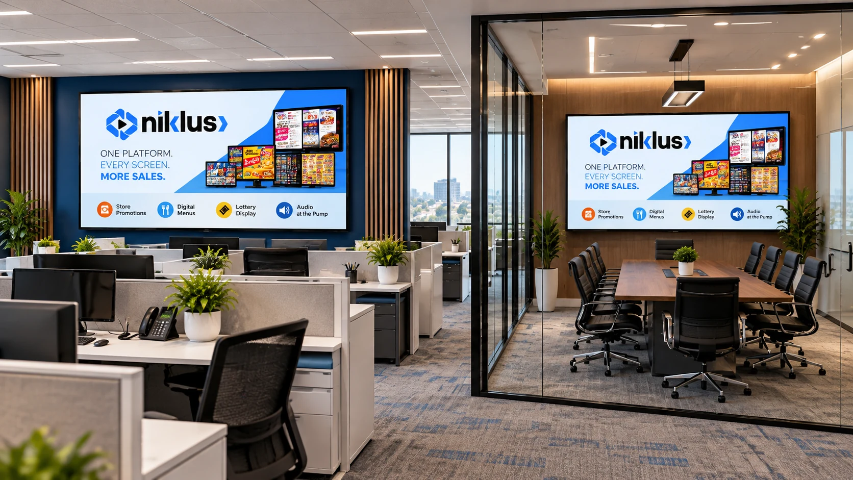 A Niklus branded screen on an office wall above desks, with a matching screen in the glass-walled meeting room behind it