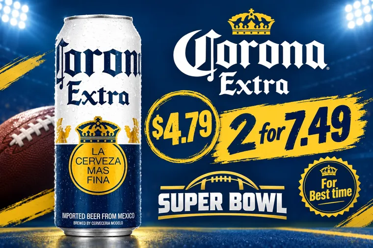 A Corona Extra game day promotion showing two for seven dollars forty nine