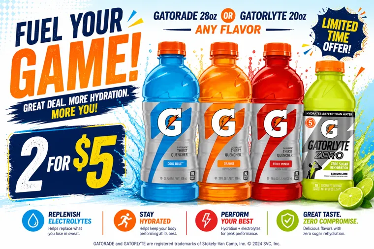 A Gatorade promotion offering several bottles for five dollars