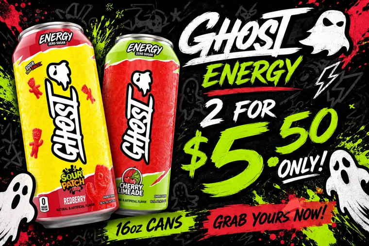A Ghost Energy promotion offering two cans for five dollars fifty