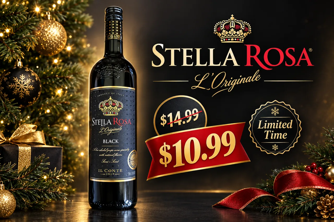 A festive promotion for Stella Rosa Black showing the price cut from $14.99 to $10.99