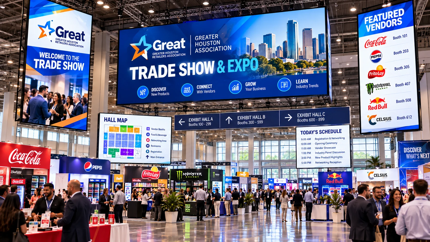 Large screens above a trade show floor showing the event welcome banner and a featured-vendors board