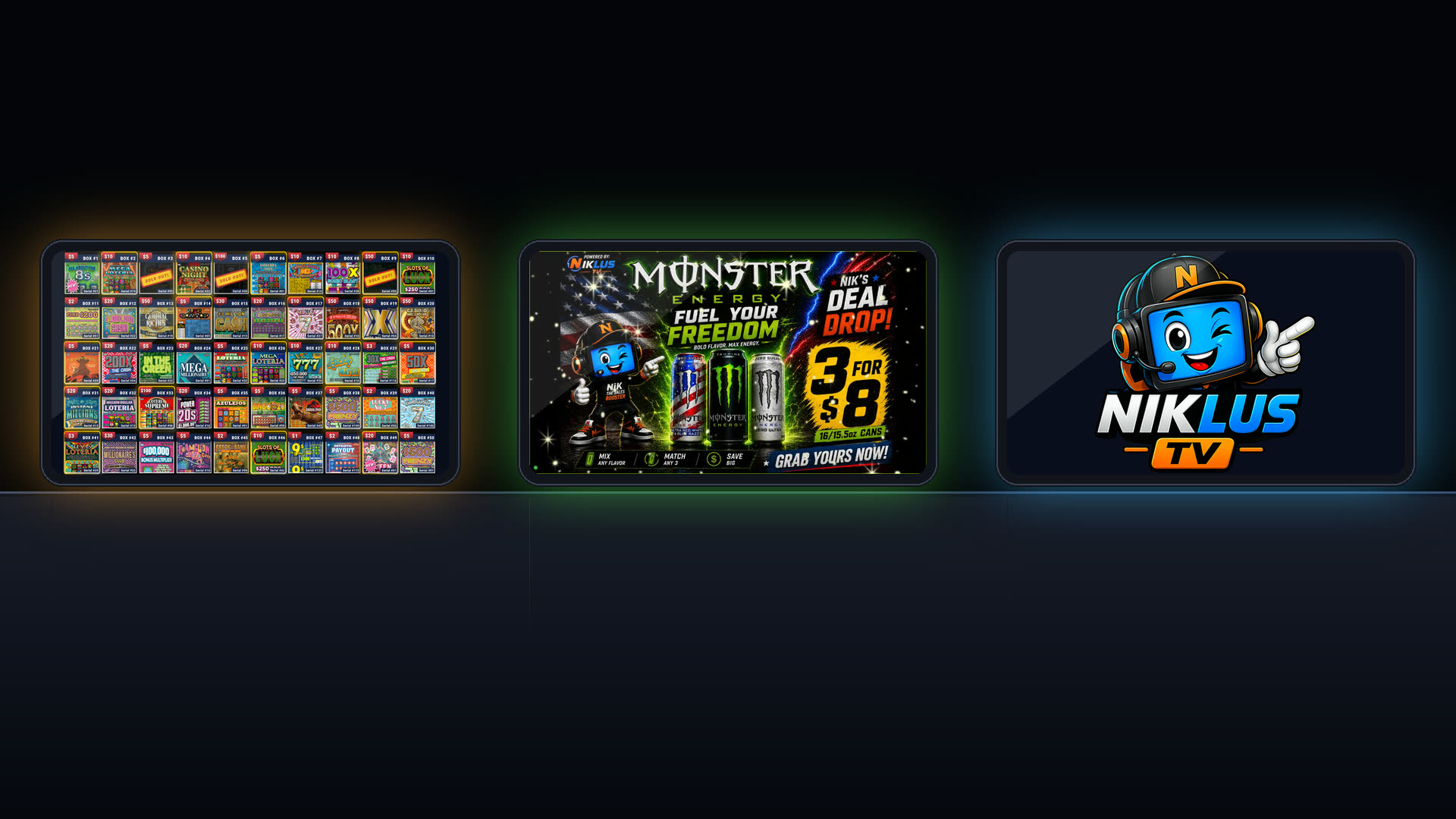 A wall of niklus screens above a convenience store counter, one half running a deli menu and the other a drinks promotion.