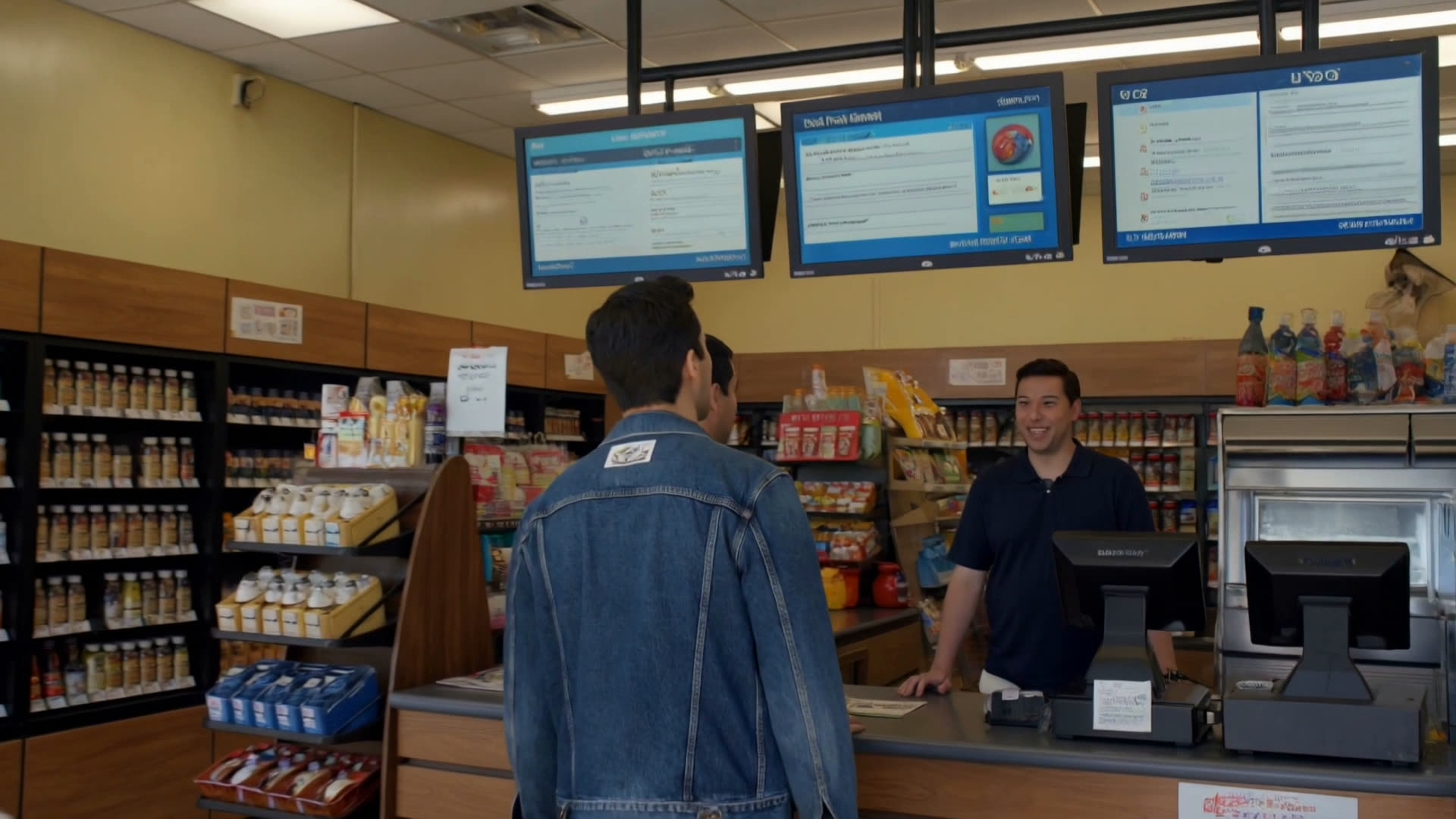 A niklus board at the checkout counter filled edge to edge with a single brand campaign.