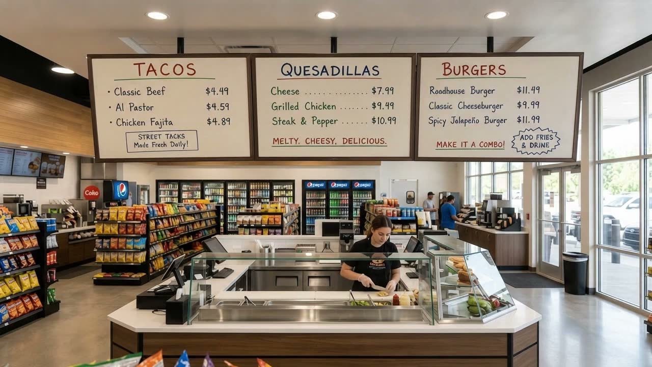 Menu boards above a food counter showing tacos, quesadillas and burgers
