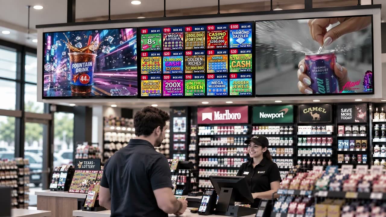 A Niklus screen above a convenience store counter running promotions